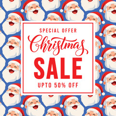 Festive Christmas sale banner with cheerful cartoon Santa faces on a blue background and bold red typography promoting special offer discount, ideal for holiday marketing, social media ads and retail 