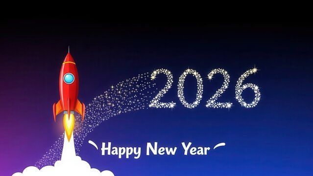 Red rocket launching into starry 2026 sky new year