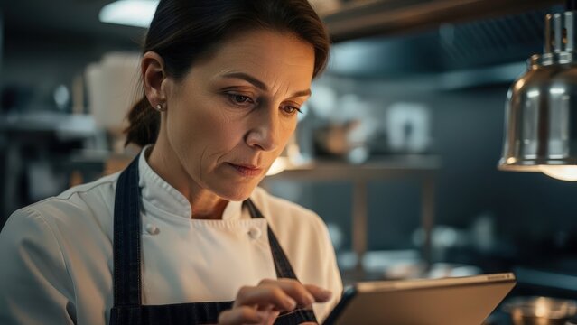 Mature female chef concentrating on a tablet device in a modern professional kitchen environment during her shift