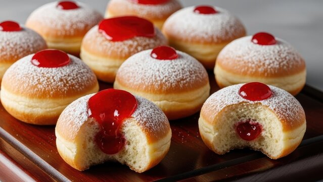 Delicious sufganiyot filled with jam and dusted with powdered sugar