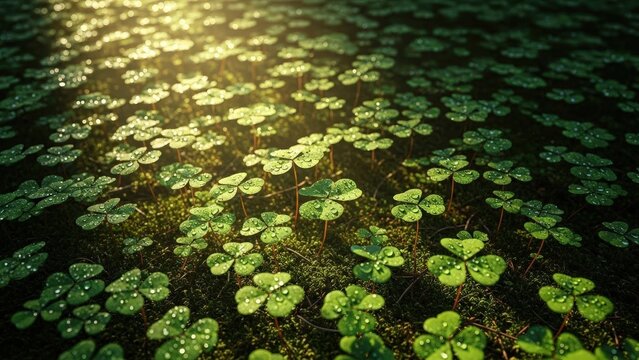 Green clover leaves covered in dew drops shine under bright morning sun in a natural outdoor field