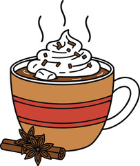 A steaming cup of hot chocolate topped with whipped cream and sprinkles in a striped mug, garnished with a cinnamon stick and star anise.