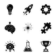 Collection of nine black and white icons representing ideas and success lightbulb rocket