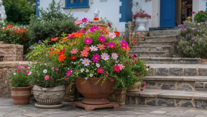 Fototapeta premium Colorful garden terrace with mixed flower beds and planted containers used as a vibrant outdoor space, Earth Day