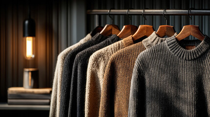 Wool sweaters hanging on hangers in an expensive showroom, clothing boutique, cashmere, textile, fashion, store, knitted jumper