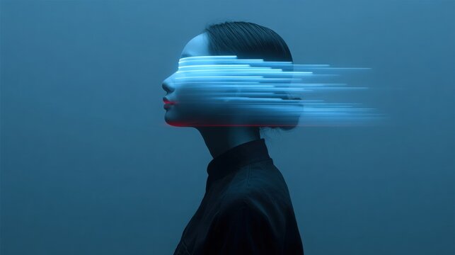 Futuristic portrait of a woman with glowing digital motion blur covering her eyes, depicting headache, anxiety and blurred vision