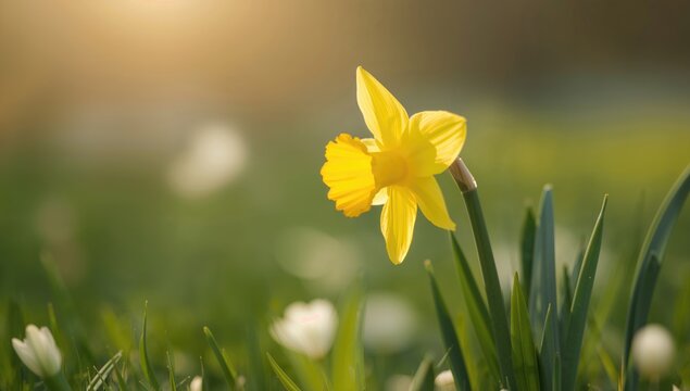 Large yellow daffodil blooming in spring, serving as a floral background for seasonal design - Powered by Adobe