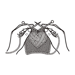 Hands Knitting a Heart Pattern with Yarn and Needles in Outline Style vector illustration