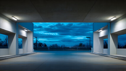 A minimal urban parking area at blue hour showing gentle light bleeds and clean open negative space