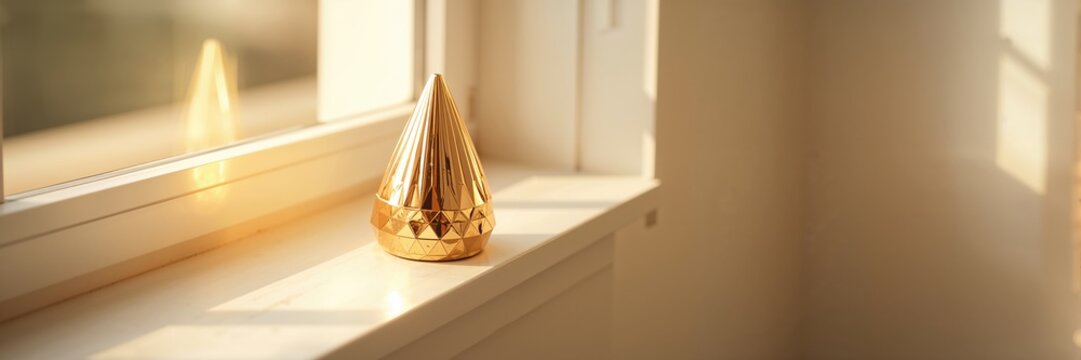 Gold cone resting on a windowsill, emphasizing decorative elements in interior design