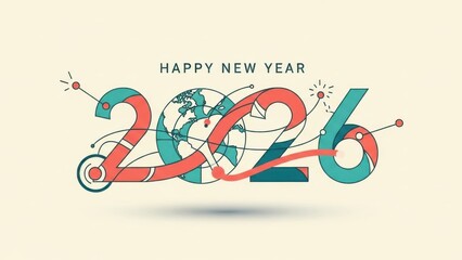 2026 Happy New Year with globe and abstract lines celebration