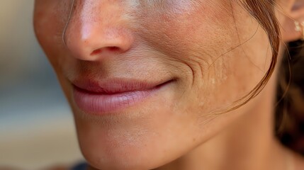 Fototapeta premium Close-up of woman's smile with natural pink lips and smooth skin, showing subtle laugh lines and a strand of hair against blurred background.