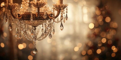 Intricately designed chandelier with crystal droplets reflects soft light, creating a warm ambiance, ideal for luxurious interior decor