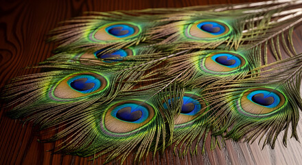 Fototapeta premium Scattered Peacock Ocellus Feathers on Rich Brown Wooden Table Background