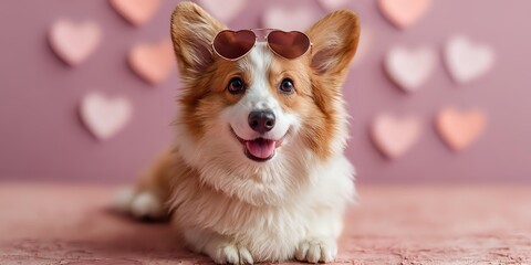 Adorable Welsh Corgi dog wearing heart-shaped sunglasses on pink background with heart decorations, perfect for Valentine's Day or romantic pet themes.
