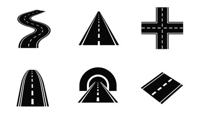 A set of six black and white graphic icons representing various road types including a winding road, straight highway, intersection, tunnel, and angled road.