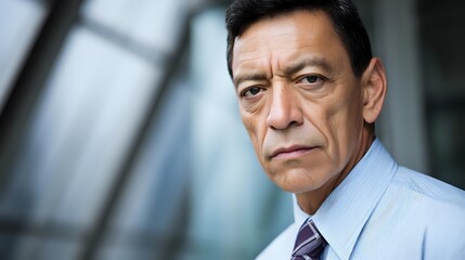 Fototapeta premium Portrait of mature Asian businessman with serious expression in modern office environment with glass architecture background.