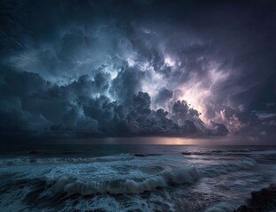 Obraz premium Dramatic coastal scene during a thunderstorm, with crashing waves and lightning flashing
