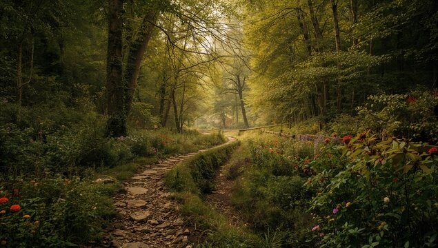 A serene forest setting with a winding path, inviting exploration and connection with nature