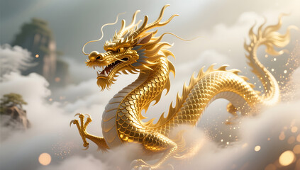 Fototapeta premium A golden dragon soaring through swirling clouds