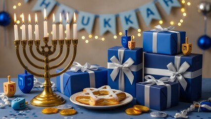 Lit golden menorah with gifts, dreidels, and cookies celebrating the Jewish holiday Hanukkah party.