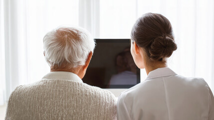Elderly man and female caregiver seen from behind during telemedicine consultation on computer screen in bright room, illustrating senior healthcare and digital support.