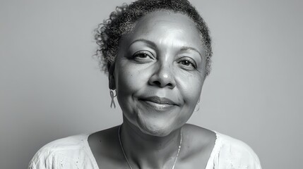 Confident mature African American woman with short natural hair smiling gently against neutral gray background, conveying wisdom and authenticity in monochrome portrait.