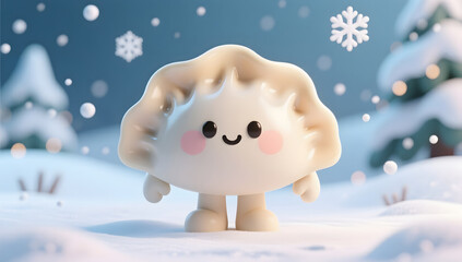 Adorable dumpling character in a snowy winter scene