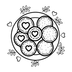 Plate of Round Cookies With Heart and Dot Patterns Decorated With Leaves and Hearts biscuits circular