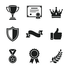 Award and Achievement Icons Trophy Certificate Crown Shield Ribbon Thumbs Up Medal Rosette Laurel Wreath