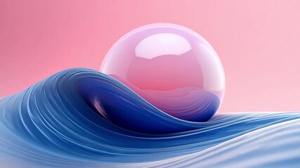 A 3d abstract background with a glossy pink sphere on a fluid blue wave. Modern minimalist digital art with pastel colors. Motion graphics concept with copy space - Powered by Adobe