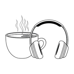 Outline Drawing of Steaming Coffee Cup Next to Headphones drink