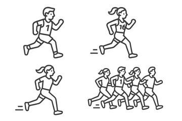 Naklejka premium Collection of outline icons showing male and female athletes running, jogging, and participating in a race