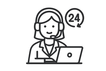 Customer service representative with headset working on laptop offering 24 hour support