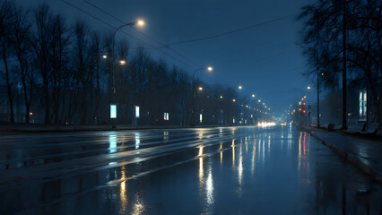 A quiet blue-hour empty street illuminated by soft cool streetlights reflecting gently on wet pavement with clean minimal geometry