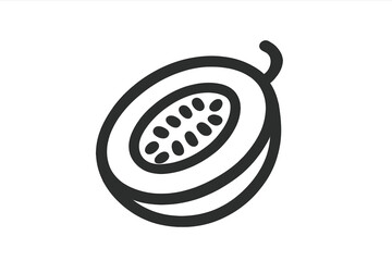 Simple black and white line art of a halved tropical papaya fruit showing seeds