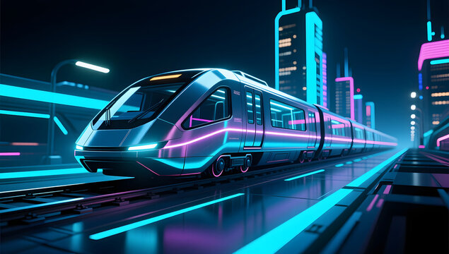 A futuristic maglev racing through a neon drenched city