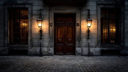 A quiet city entrance with a blank wooden door framed by two symmetrical lanterns casting soft glows