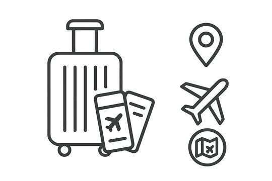 Suitcase, airplane tickets, location pin, flight, and map icons for travel and tourism