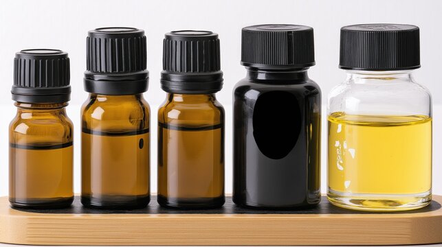 Minimal essential oils collection with amber glass bottles, promoting wellness, 