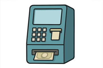 Blue automated teller machine with keypad and screen dispensing bank notes