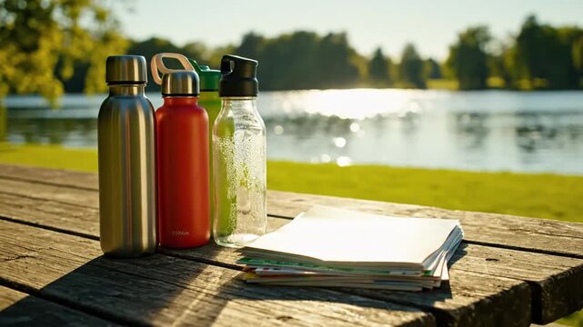 Dynamic close-up of placing a leaflet by reusable bottles on a sunny picnic table by a lake.
