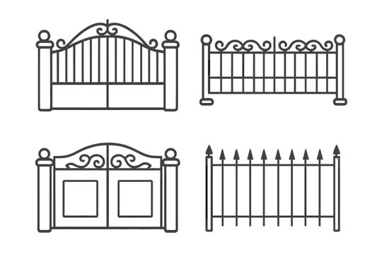 Decorative wrought iron gates and various metal fence sections outline collection