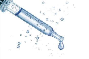 A transparent dropper with liquid and bubbles set against a clean white background