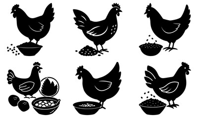 Charming chicken silhouettes feeding, perfect for farm-fresh branding and rustic designs, adding a touch of country charm to your creative projects now