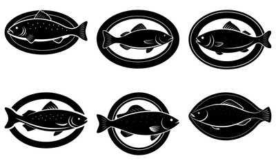 Elegant fish icons for seafood menu design or fishing club logo, classic and timeless nautical symbols, vector art for print and web, restaurant branding