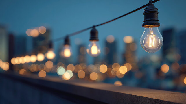 String lights glowing warmly at dusk with blurred city skyline in background, creating a cozy and romantic urban atmosphere with bokeh effect.