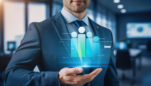 Vision of Leadership: A sharply dressed figure, exuding confidence, extends a hand to present a holographic display, representing a dynamic fusion of visionary leadership and innovative thinking.