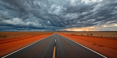 Fototapeta premium Outback Queensland road with stormy sky, emphasizing travel adventure and remote landscape, Earth Day