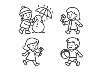 Naklejka premium Minimalist black and white line drawings of kids enjoying seasonal activities